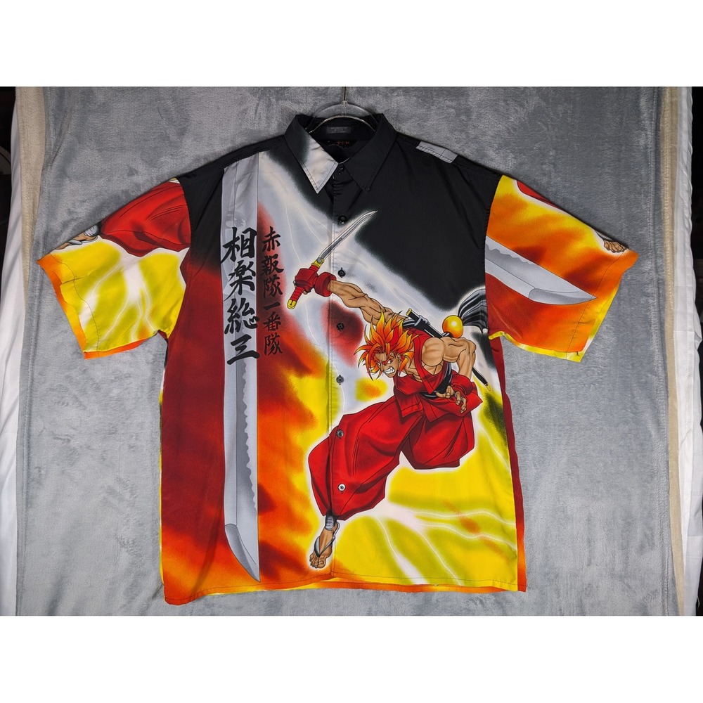 VTG D-Tek Sport Anime Samurai Graphic Button Down Shirt Mens 2XL Katana Rurouni